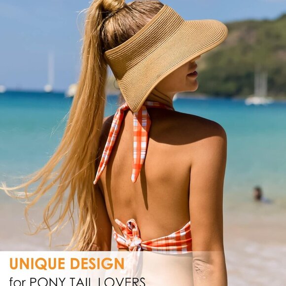 Sun Visor Hats for Women Wide Brim Straw Ponytail Summer Beach Hat UV UPF Packab - Picture 8 of 8
